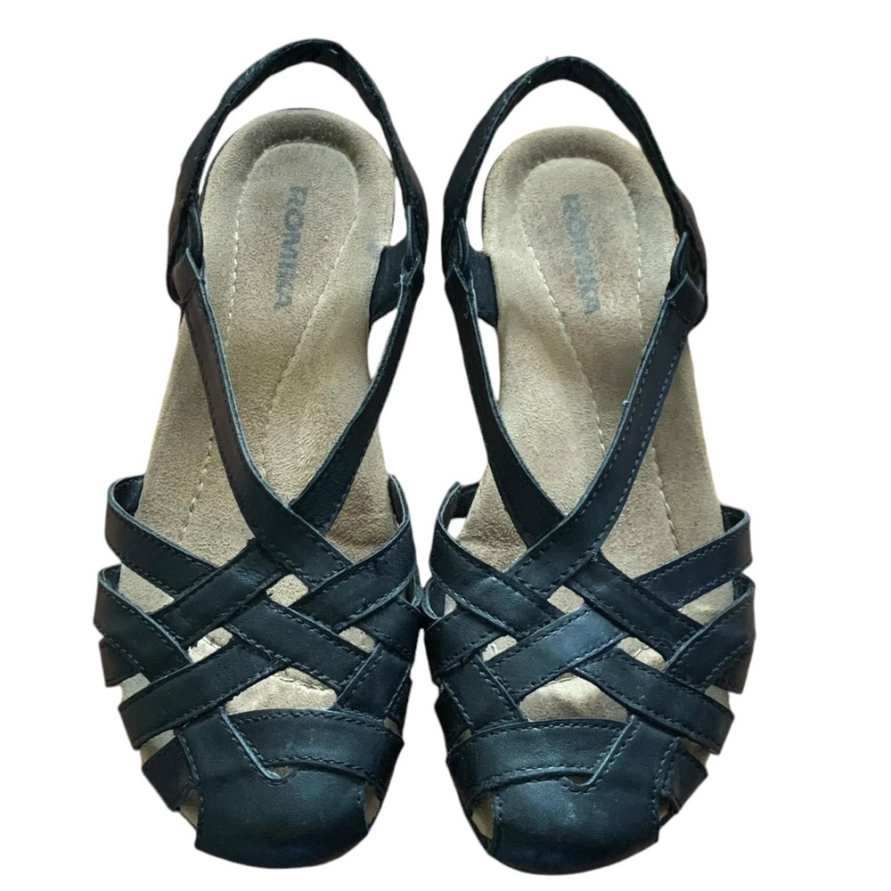 Romika 8 black leather strappy fisherman granny sandal slip on suede flat boho​